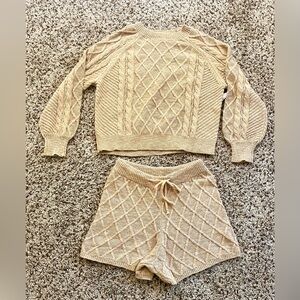 Cable Knit Sweater and Shorts Set - Tan